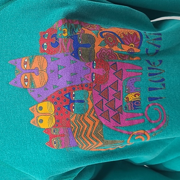 Vintage Laurel Burch I LOVE CATS! Sweatshirt teal green large hanes - Picture 7 of 16